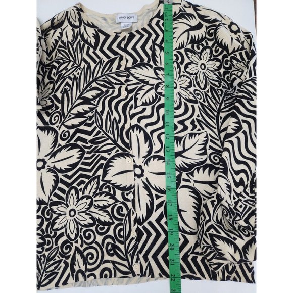 Oliver Perry Women's L Cardigan Silk Blend Black Cream Tropical Print Button Up - Picture 10 of 10